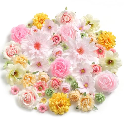 RUIDKUN Fake Flowers Heads Bulk Pink Green Mini Artificial Silk Flower for Crafts, Small Artificial Daisy Roses Faux Flowers for Graduation Cap DIY Cake Wedding Party Home Garland Decoration