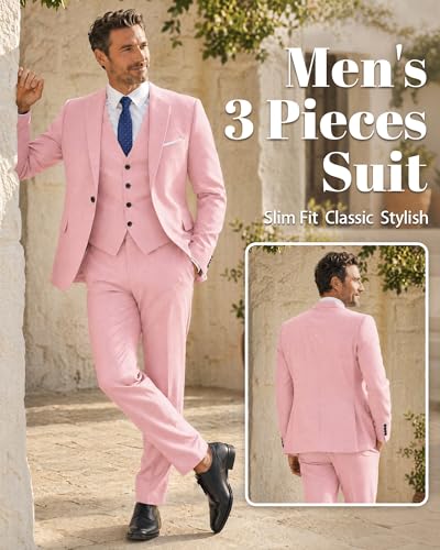 Image of MY'S Men's 3 Piece Suit Set with Tie, One Button Slim Fit Solid Jacket Vest Pants, Prom Party Wedding Business Suits for Men