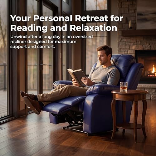 Image of Single Leather Manual Recliner Chair, Oversized Lazy Boy Recliner with Home Theater Seating, Breathable Living Room Reclining Chair for Adults Reading, Gaming, Relax, Dark Blue