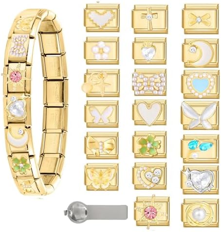 Italian Charms Bracelet Sets with Starter Brascelet, Assorted Charms and Opening Tools,9mm Modular Charm Bracelet Link Handmade DIY Jewelry Gifts