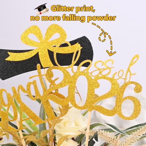 Image of Graduation Decorations 2026, 20 PCS Sparkling Black and Gold Double-Sided Centerpiece Sticks for Tables, Class of 2026 Table Toppers and Party Supplies
