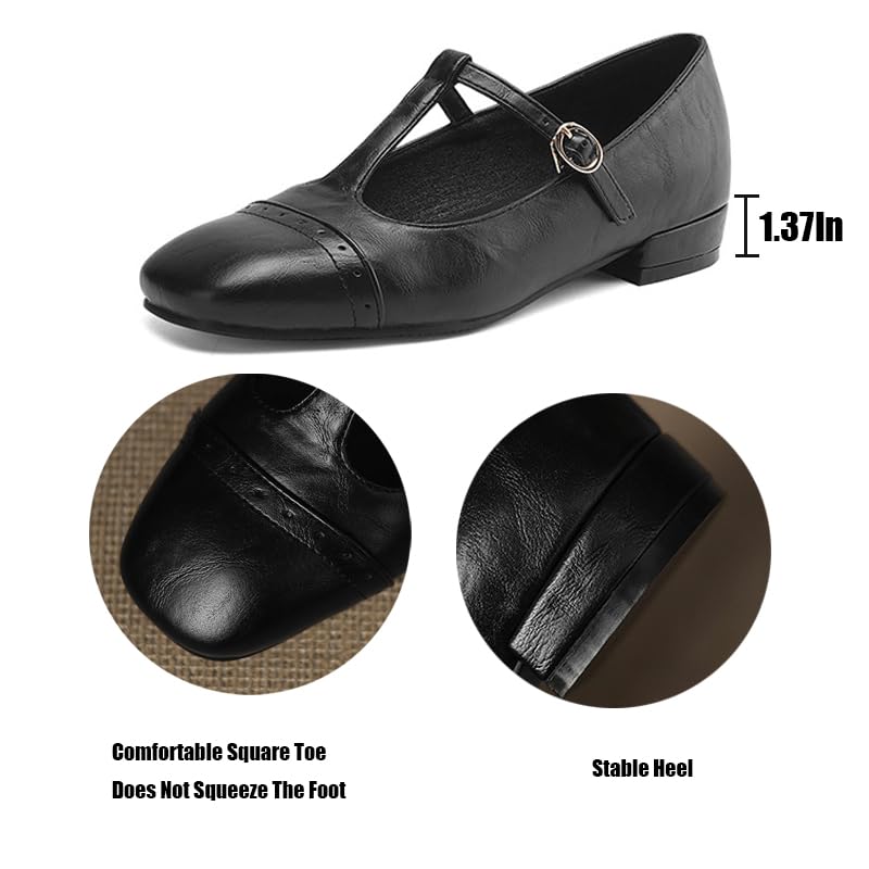 Women's Square Toe Low Chunky Heel Mary Jane Walking Shoes Fashion T-Strap Ccomfortable Ballet Flats Wedding Party Date Work Dress Shoes3