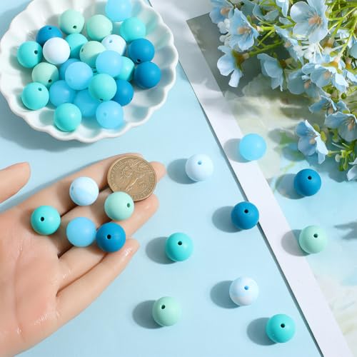 SOFPLATE 1 Box 60Pcs Round Silicone Bead Blue Focal Beads Bulk Mixed Color 15mm 16mm Rubber Soft Loose Spacer Beads for Bracelets Keychain Beadable Pens Necklaces Jewellery Making Beading DIY Crafts - Image 3