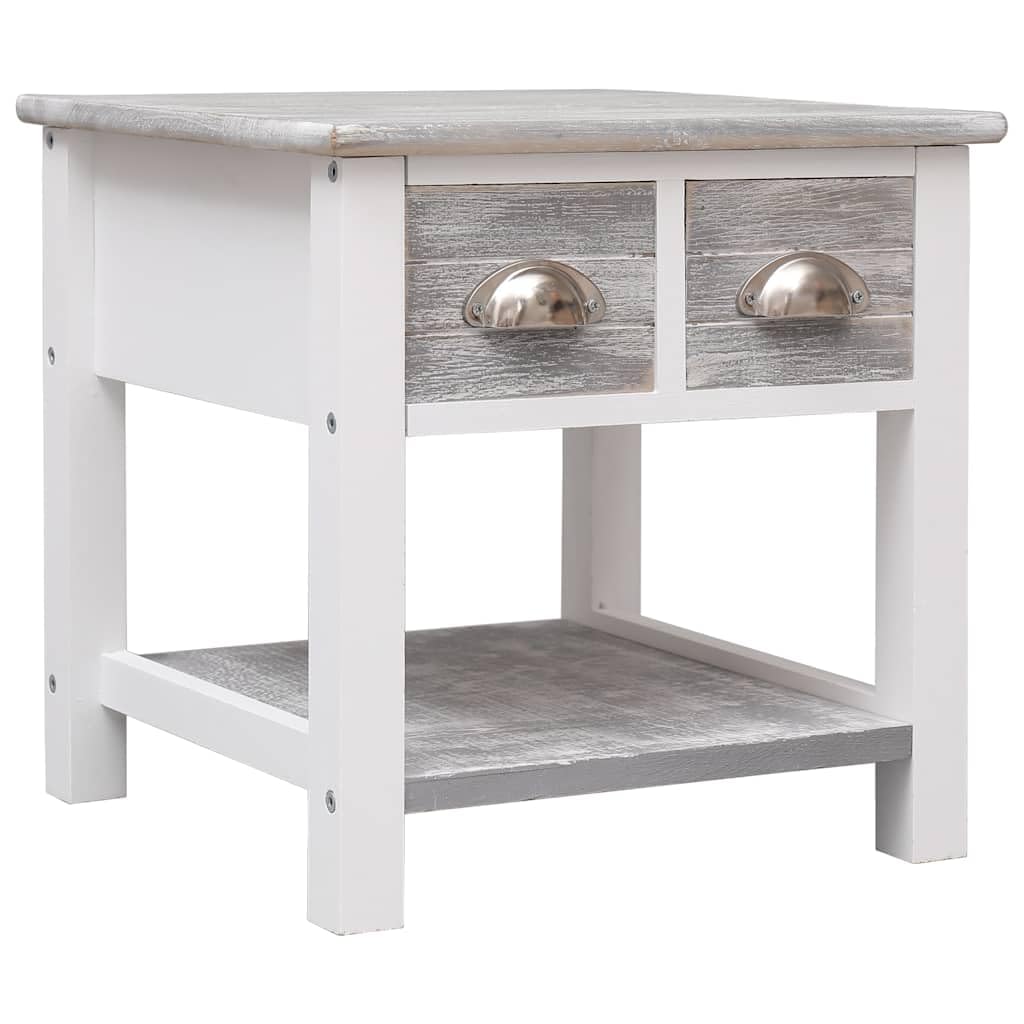 Beistelltisch Grau aus Paulownia Holz 40x40x40 cm mit 2 Schubladen Stauraum für Wohnzimmer Schlafzimmer Flur Ablage für Lampe Buch Getränk Dekoration