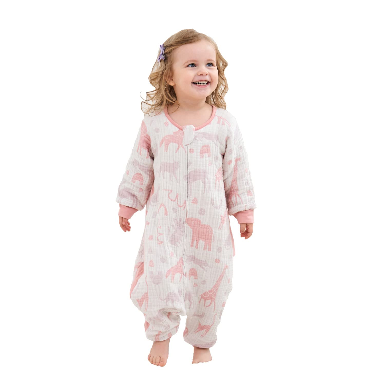 Eahphy Kids Natural Cotton Sleep Suit, Jacquard Muslin with Bamboo Lining 0.8-2.5 TOG (18M – 6Years), 7 Bamboo Long Sleeve Pink Animal Paradise 1.5tog, 18-24 Months