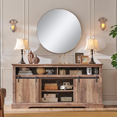 Fluted TV Stand for 75 Inch TVs, 32\" Tall Modern Entertainment Center with Waveform Panel Sliding Door, Media Console Cabinet with Storage & Adjustable Shelf for Living Room, 66 inch-Light Brown - Thumbnail 3