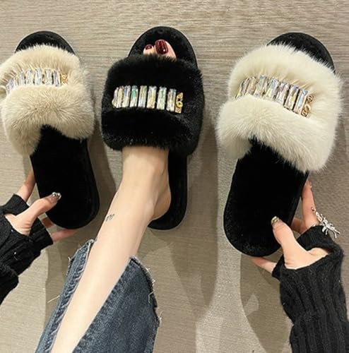 Trendy Fluffy Warm Faux Fur Rhinestone Slippers Open Toe Outdoor Slippers Indoor Non Slip Soles Shoes for Women 20253