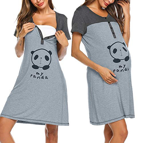 Camisón Lactancia para Mujer Ropa de Dormir Premamá Vestido de Maternidad Embarazo Manga Corta S-XXL (Gris A, XXL)