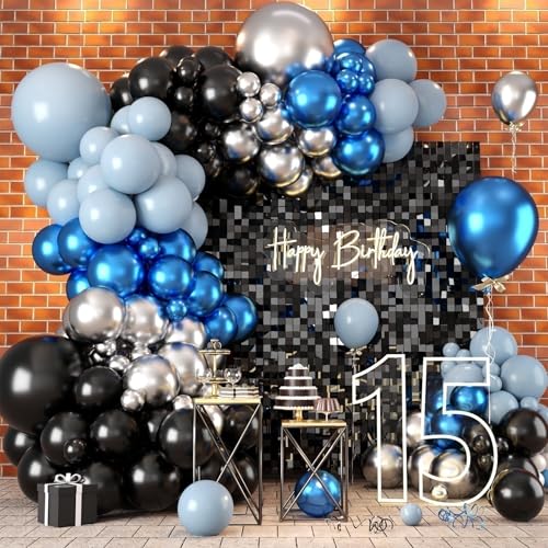 Image of Metallic Blue and Black Balloon Arch Garland Kit, 118PCS Baby Light Blue Metal Silver Latex Balloons for Birthday Baby Shower Gender Reveal Graduation Wedding Father's Day Party Decorations Supplies