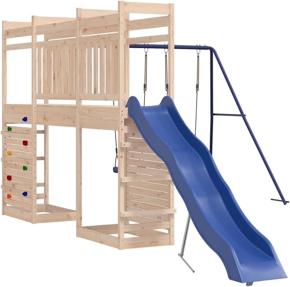 Outdoor Playset Natural Pine Wood with Wavy Slide, Two Saddle Swings, and Climbing Wall for Backyard Fun and Physical Activity
