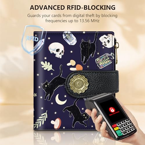 Chelmon Gothic Cat Small Wallet Woman RFID Blocking, PU Leather Bifold Credit Card Ladies Wallets with ID Window, Cute Zipper Coin Pocket Purse for Girls — view 3