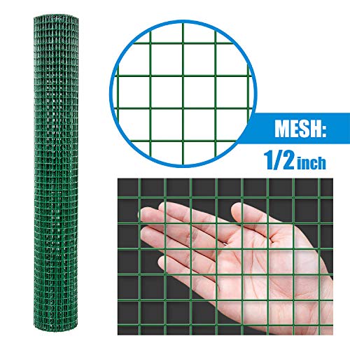 Fencer Wire 19 Gauge Green Vinyl Coated 1/2 Hardware Cloth Vegetables Garden Rabbit Fencing Snake Fence For Chicken Run Critters Gopher Racoons Opossum Rehab Cage Wire Window (24" X 96") #TOP2