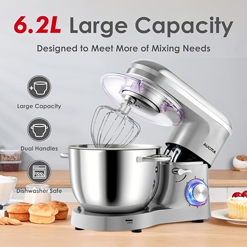 Aucma Stand Mixer, 6.2L Food Mixer 1400W Tilt-Head Electric Kitchen Mixer with Dough Hook, Wire Whip & Beater (6.2L, Shinny Silver) - Image 3