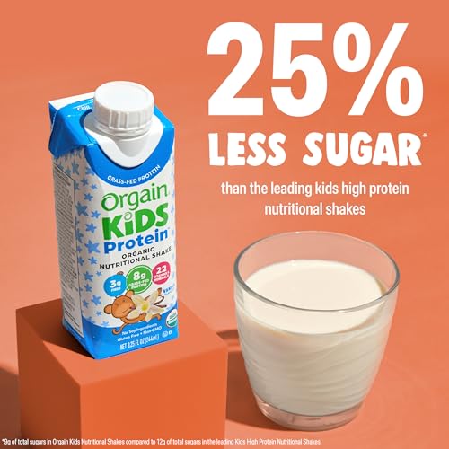 Orgain Organic Kids Nutritional Protein Shake, Vanilla, Healthy Kids Snacks, 8g Dairy Protein, 3g Fiber, 22 Vitamins & Minerals, No Soy ingredients, Gluten Free, Non-GMO, 8.25 Fl Oz (Pack of 12)