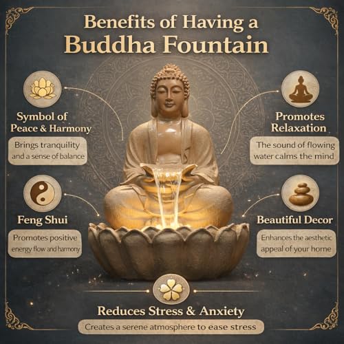Image of 3 Feet Kamal Buddha Water Fountain for Home & Garden|Fiber Buddha Fountain with LED Light|Indoor Outdoor Fountain for Vastu & Positivity (Beige, 3 Feet Kamal Buddha Fountain)
