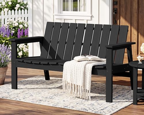 Image of SERWALL 2-Person HDPE All-Weather Outdoor Bench Set of 2, Black