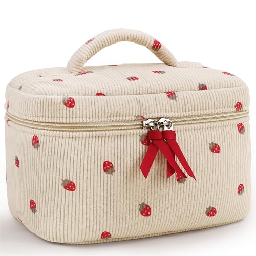 Prite Trousse de Maquillage à Motif de Fleurs Trousse de Toilette pour Voyage Pochette Cosmétique en Velours Côtelé Mignon Vanity pour Femmes et Filles (Fraise)