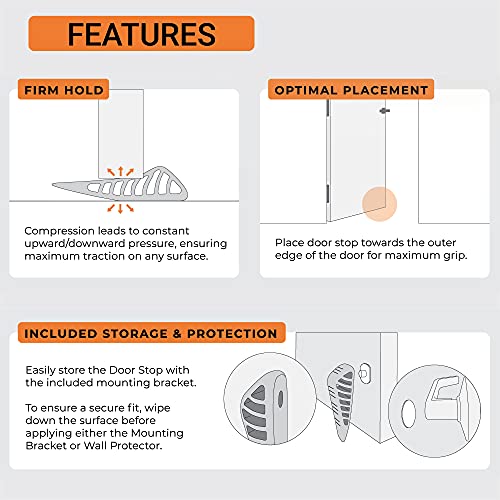 Alben Rubber Door Stopper Set - (Gray, 3 Pack) For All Flooring Types - 3 Heavy Duty Rubber Door Stops With 3 Silicone Wall Protectors And Convenient Door Storage #TOP1