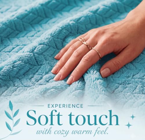 Image of SANMARINO Premium 300 GSM Double Bed Flannel Blanket | Ultra Soft Leaf Emboss Plush Blanket | All Season Lightweight & Cozy | AC Blanket for Bed, Sofa, Couch, Travel & Camping | 220x230 cm,Aqua