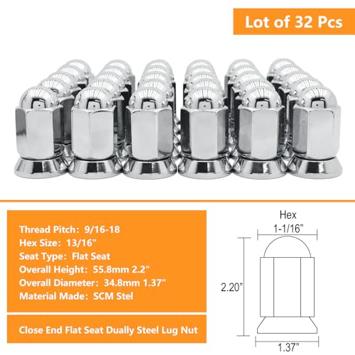 Image of 32PCS 9 /16 inch-18 Lug Nuts, Hunting Horse 2.2 Inch 1-1 /16 inch Hex Chrome Lug Nuts with Washer, 9 /16-18 Thread Flat Seat Compatible with 1988-1998 Ford F-250 F-350 1994-2011 Dodge Ram 2500 3500