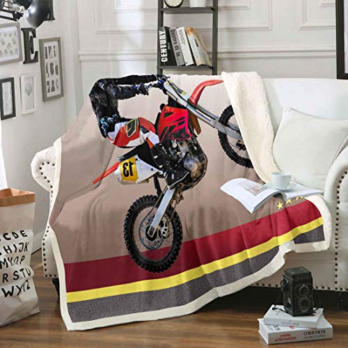 Loussiesd 3D Dirt Bike Sherpa Blanket, Motocross Racer Extreme Sports Fleece Throw for Kids Boys