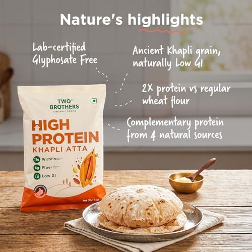 Image of Two Brothers Organic Farms - Khapli Protein Atta (1kg) | Certified Glyphosate-Free | 11g Protein & 6g Fiber Per 2 Rotis | Low GI Emmer Wheat | 2X Protein vs Regular Atta | No Additives | Slow-Milled