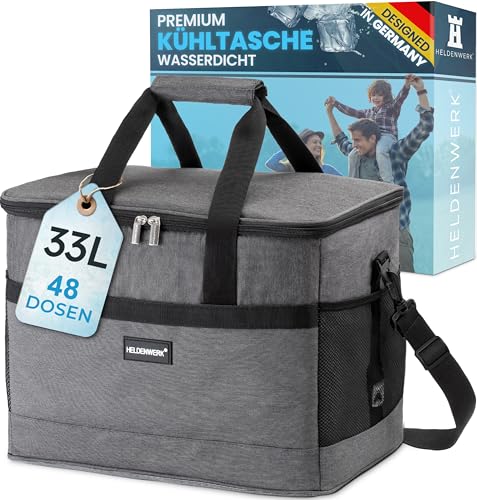 HELDENWERK Kühltasche groß 33L faltbar – Kühlbox bis zu 12h Kühlleistung auslaufsicher & wasserdicht – Thermotasche, Picknicktasche, Lunchtasche, Isoliertasche mit 7 Fächern – verstärkter Boden