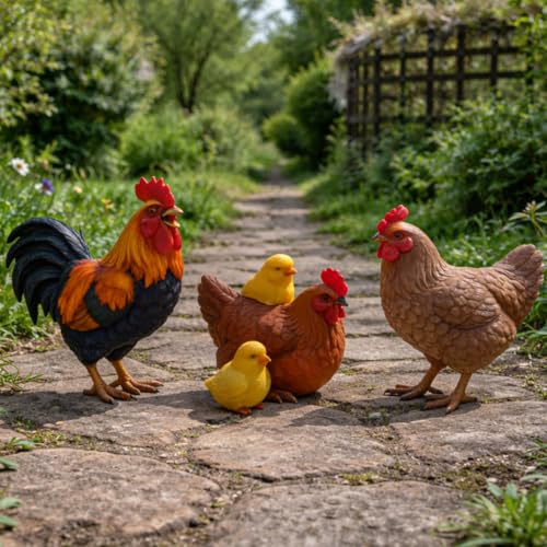 Image of Garden Chicken Family Ornaments Set of 3, Hand-Painted Weatherproof Resin Figurines, Rooster Hen & Chicks, 9–14 cm