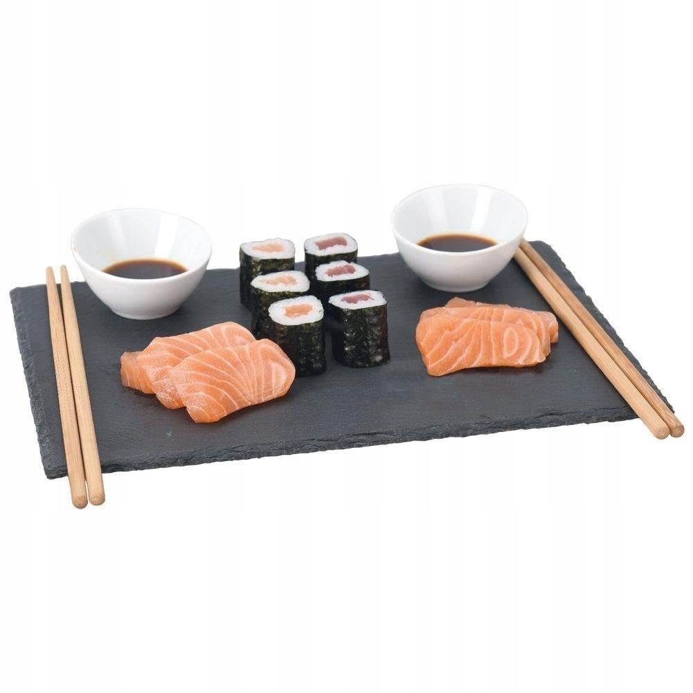 Koopman Amuse Sushi Slate Serving Plate 30 x 20 cm - Includes Chopsticks & Dip Bowls - Natural Stone - Rectangular