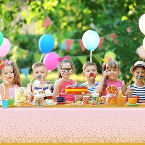 Image of 12 Pack Pink and Gold Tablecloth Party Decorations Plastic Pink Tablecloth Printed Gold Table Runner 54 x108 Inch Disposable Rectangle Table Cover for Birthday Wedding Graduation Anniversary