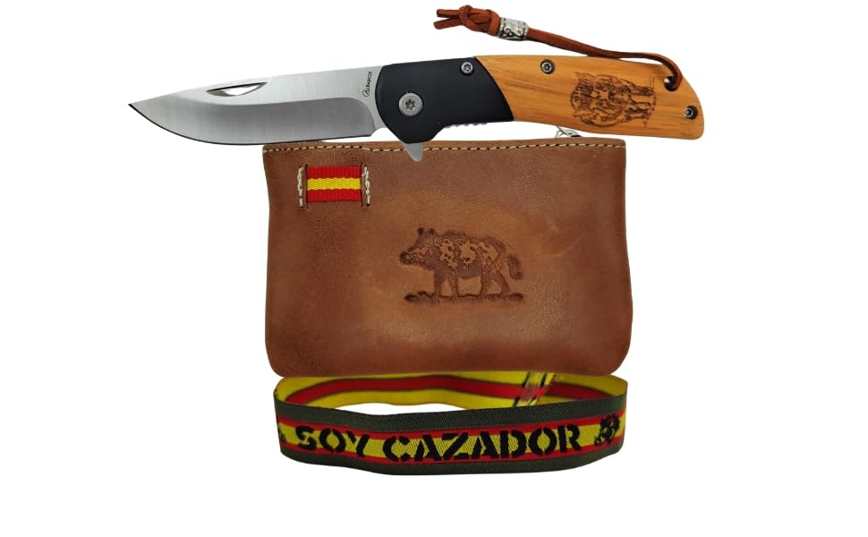 Planta Color Pack Cazadores – Navaja + Monedero Artesanal de Piel + Pulsera Bordada | Diseño Exclusivo | Regalo Ideal para Coleccionistas y Amantes de la Caza (Jabalí Madera)
