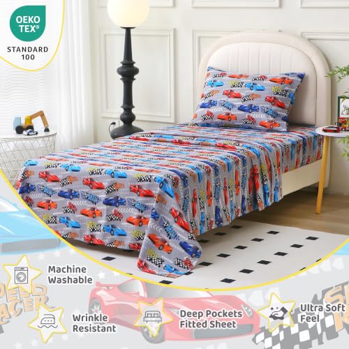 Image of Viviland 3 Pieces Boys Race Twin Sheet Set - Soft Microfiber Fitted Flat Sheets & Pillowcase Bed Sheet Set - Grey Race Print Bedding Sets for Kids