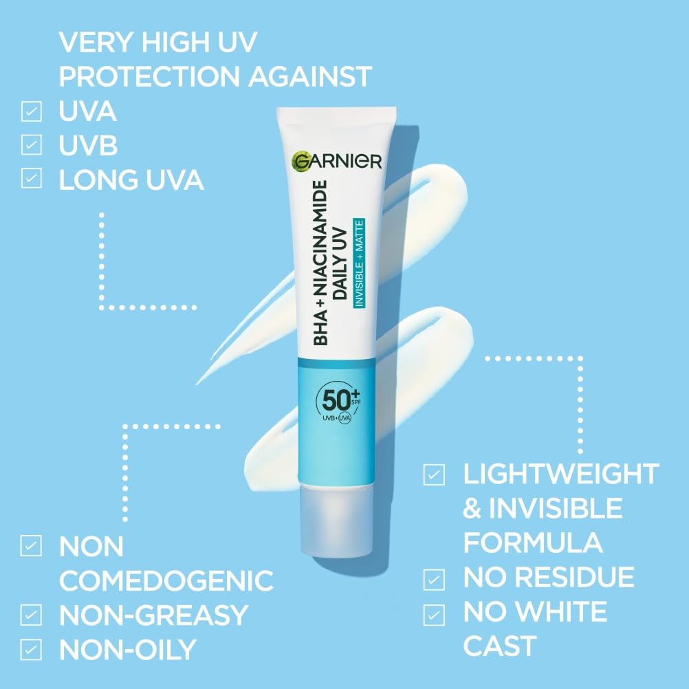 Garnier Sunscreen, With SPF50, Anti Imperfection Fluid, Prevents & Corrects Sun Damage, Invisible and Matte Finsih, Pure Active BHA + Niacinamide Daily UV, 40ml