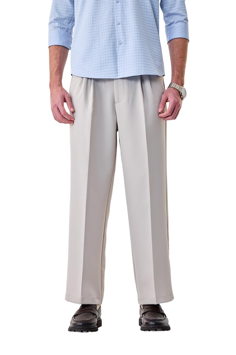 SNITCH Men Casual Trousers | Relaxed Fit with Turned-Up Cuffs & Solid Pattern | Cotton Blend Fabric with Medium Stretch for Summer & Everyday Wear in neutral