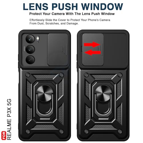 Image of AESTMO Tough Armor Realme P3x 5G Bumper Back Case Cover | Ring Holder & Sliding Camera Shield Cover | 360 Degree Protection Back Case Cover for Realme P3x 5G (Black)