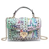OXYPLAY PU Leather Graffiti Transparent Jelly Shoulder Crossbody Rivet Square Bag, Snake-shaped Pattern Chain (White)