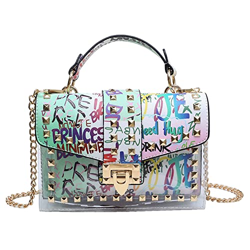 OXYPLAY PU Leather Graffiti Transparent Jelly Shoulder Crossbody Rivet Square Bag, Snake-shaped Pattern Chain (White)
