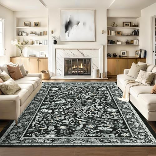 GarveeHome Large Area Rugs 8x10 Black Washable Rugs for Living Room Soft Non Slip Bedroom Rug Botanical Floral Vintage Low Pile Carpet Non Slip Ultra Thin Floor Carpet for Dining Room Nursery Office