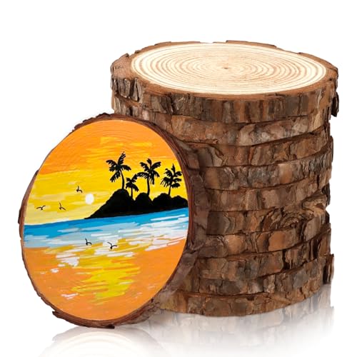 FSWCCK 10 PCS Unfinished Wood Slices for Centerpieces-Round Natural Discs with Tree Bark Wooden Cookies Circles for Crafts Christmas Ornaments Rustic Wedding Decor Table Decoration (4- 4 .7)