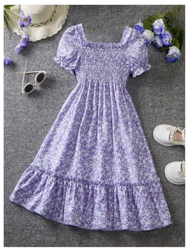 OYOANGLE Girl's Floral Print Smocked Ruffle Midi Dress Square Neck Puff Short Sleeve A Line Dresses2