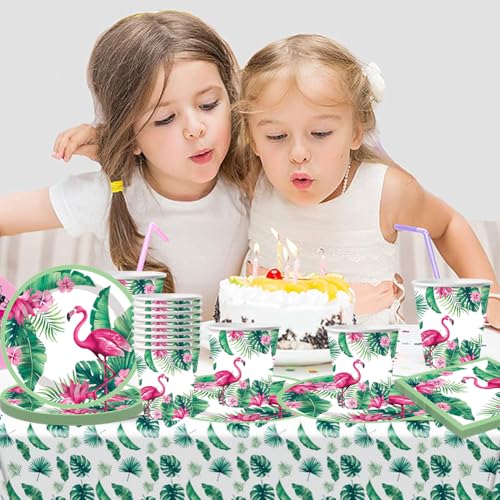 SZJFYMQ Flamingo Partygeschirr Set, Hawaii Geburtstag Deko,Pappteller Kindergeburtstag mit Flamingo, Sommer Gartenfeste Party Tischdeko, für Karneval Geburtstag Party Decoration,61PCS