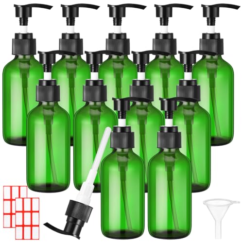 Tanlade 12 Stück 118 ml Glas-Pumpflasche leere Reise-Glasflasche mit Pumpe, nachfüllbarer Handseifenspender Toilettenartikel, Flüssigkeitsbehälter für Shampoo, ätherische Öle, Kosmetik (grün)