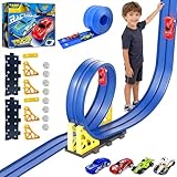Flexible Race Track for Kids 3-5 Year Old, 15ft Flex Car Tracks for Toddlers with 2 Pull-Back Cars & 2 Alloy Cars, Portable Roll Up Racing Car Tracks, Birthday for Boys Girls