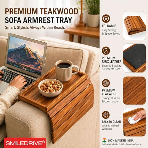 Image of SMILEDRIVE Teakwood Sofa Armrest Tray with Cup Holder Section, Set of 2 | Foldable Couch Organizer, Snacks, Remote & Phone Holder, Made in India