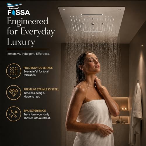 Image of Fossa 5-Year Warranty 304 Stainless Steel 22 x 20 Inch Ceiling Mounted Circular, Linear, Mist, Rain with LED and Silicone Nozzles for Bathroom, Silver (Chrome Finish)
