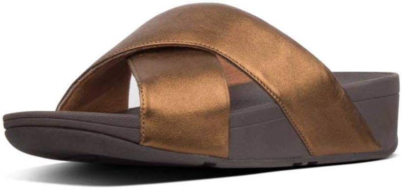 fitflop ブラウン スライドサンダル F-MODE レザーツイスト フラットフォーム スライド｜fitflo