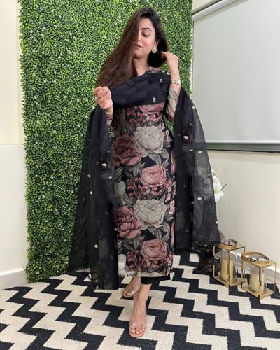 Image of GoSriKi Women's Cotton Blend Straight Printed Kurta with Pant & Dupatta