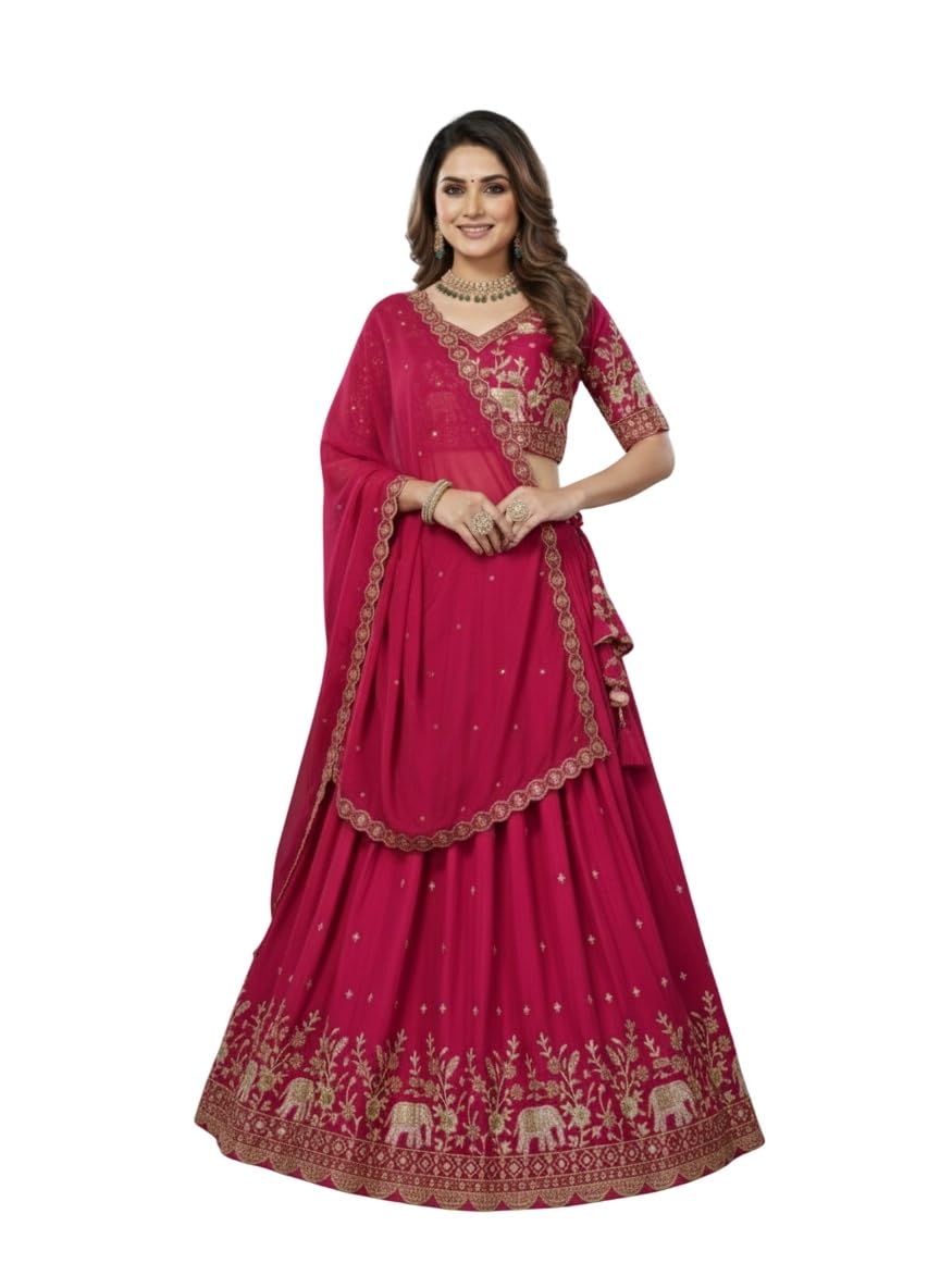 Women's Chinon Embroidered Semi-Stitched Lehenga Choli Kachi Kery LH-01