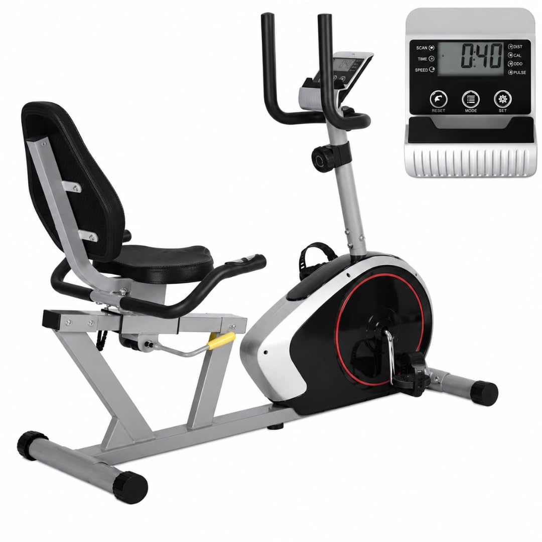 Bicicleta Ergométrica Horizontal Magnética com Monitor LCD, Sensor de Pulso e Flywheel 5kg – Silenciosa, Ideal para Uso Residencial