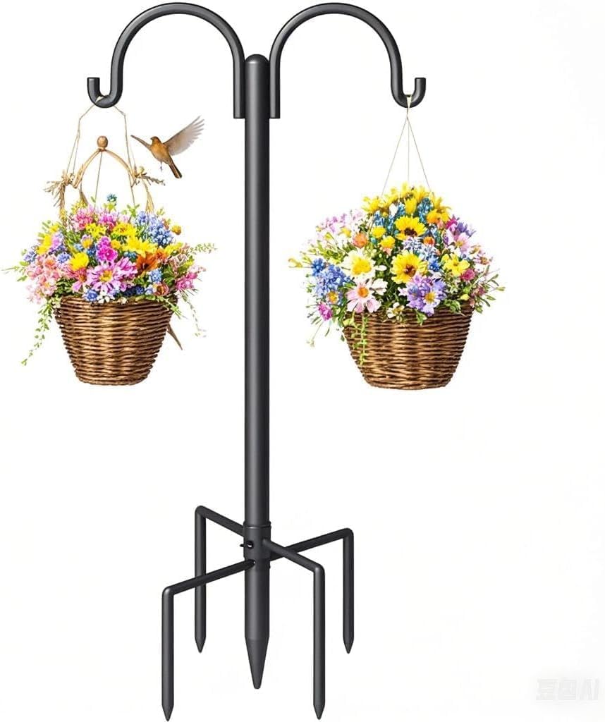 Double Shepherds Hooks for Outdoor, Heavy Duty Bird Feeder Pole with 5-Prong Base - Rust-Proof, Adjustable Bird Feeder Hanger for Garden, Wedding Decor & Hanging Plants